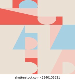 Abstract geometric vector seamless pattern. Modern background with simple shapes. Circles, squares, rectangles, triangles in pastel red, blue, pink and beige colors 
