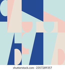 Abstract geometric vector seamless pattern. Modern background with simple shapes. Circles, squares, rectangles, triangles in pastel blue, pink, white colors