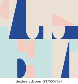 Abstract geometric vector seamless pattern. Modern background with simple shapes. Circles, squares, rectangles, triangles in pastel blue, pink, white colors