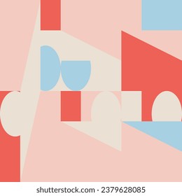 Abstract geometric vector seamless pattern. Modern background with simple shapes. Circles, squares, rectangles, triangles in pastel red, blue, pink and beige colors 