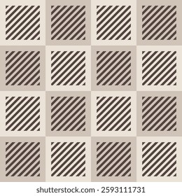 Abstract geometric vector seamless pattern with striped square tiles. Brown and beige color geometric background. Striped color squares. For wrapping paper, textile, surface design.