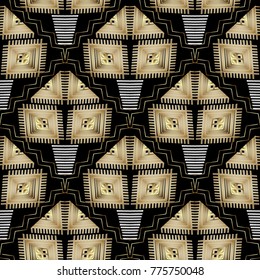 Abstract geometric vector seamless pattern. Black gold ethnic background. Tribe geometric shapes, figures, rhombus, zigzag, squares, meander, greek key ancient ornaments. Modern tribal wallpaper.