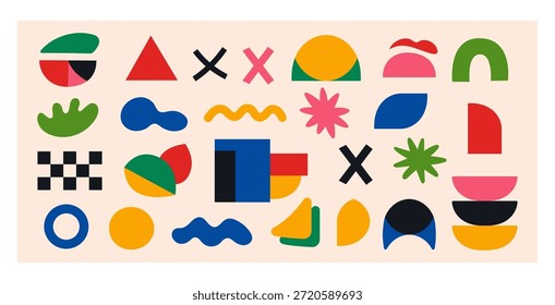 Abstrakte geometrische Vektorformen in kräftigen Farben. Moderne flache Design-Elemente perfekt für Branding, Poster, Social Media, Cover, Verpackungen, Web- und Grafikdesign-Projekte.