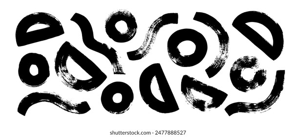 Abstract geometric vector shapes drawn with a bold brush. Thick rough semicircles, circles and wavy lines. Bold graffiti style geometric shapes. Abstract doodle grunge style elements.