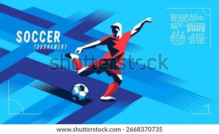 Abstract geometric vector of a soccer player in action with colorful dynamic shapes, modern sports banner design.