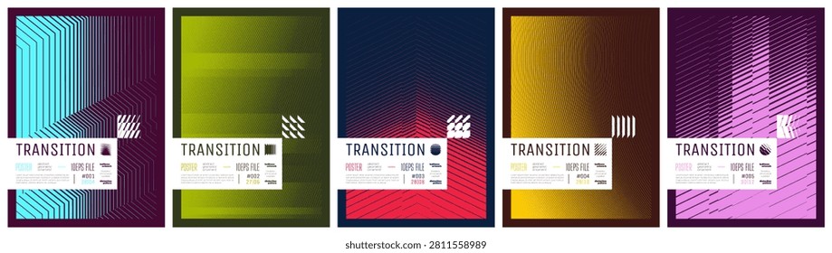 Abstract geometric vector swiss poster bundle with sharp kinetic shift grid and optical illusion ornament, brutalist halftone pattern artwork with distorted linear gradient transition effect, set 3