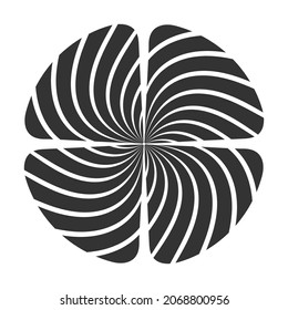 Símbolo vector geométrico abstracto, aislado en fondo blanco. Cuatro pétalos a rayas. Diseño plano.  Ilustración vectorial simple en blanco y negro.