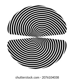 Abstract geometric vector symbol, isolated on white background. Swirling shapes, stripes, optical illusion. Flat design style.  Black and white simple vector illustration.