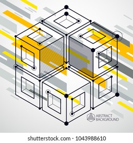Abstract geometric vector yellow background with cubes and other elements. Composition of cubes, hexagons, squares, rectangles and abstract elements. Perfect background for your design projects.