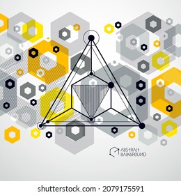 Abstract geometric vector yellow background with cubes and other elements. Composition of cubes, hexagons, squares, rectangles and abstract elements. Perfect background for your design projects.