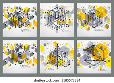 Abstract geometric vector yellow backgrounds set with cubes and other elements. Composition of cubes, hexagons, squares, rectangles and abstract elements. Perfect background for your design projects.