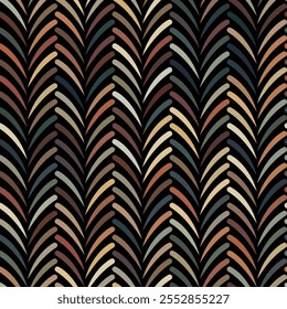 Abstractas trenzas de Vertical geométricas hechas de líneas curvas delgadas entrelazadas sobre un fondo negro. Diseño retro contemporáneo. Patrón de repetición sin fisuras. Ilustración vectorial multicolor.