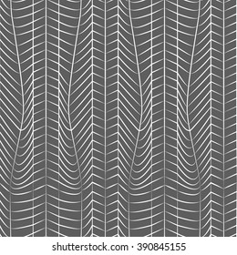 Abstract geometric vertical seamless pattern. Feather like shapes with curved lines. White outline on charcoal grey background.
