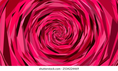 Abstract geometric vibrant pink rose background made of triangles with spiral effect. Digital artwork with a modern futuristic style, blending expressionism and polygonal design. Vector illustration