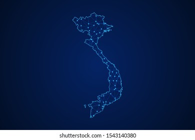 Abstract geometric of Vietnam map polygonal line, structure and point scales on blue dark background with lights and dots. Vector illustration eps 10.