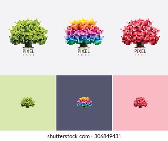 Abstract geometric vivid pixel tree logo set collection in multicolored, green and red versions