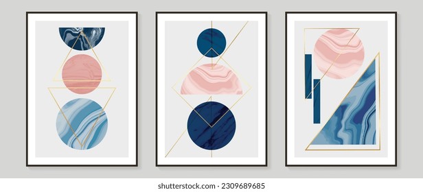 Abstrakter geometrischer Wandkunst-Hintergrund, Vektorgrafik. Set von modernen Wanddekorationen mit Formen, Kreis, Polygon, Linien, Gold, Marmorstruktur. Trendy Tapete Illustration für Inneneinrichtung, Druck, Abdeckung.