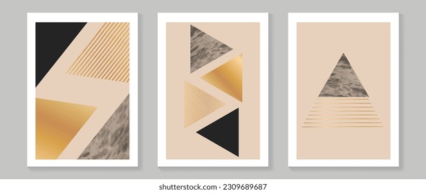 Abstract geometric wall art background vector. Set of modern wall decoration with shapes, circle, triangle, lines, gold, marble texture. Trendy wallpaper illustration for interior, print, cover.