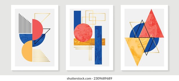 Abstract geometric wall art background vector. Set of modern wall decoration with shapes, circle, triangle, lines, gold, marble texture. Trendy wallpaper illustration for interior, print, cover.