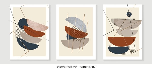 Abstract geometric wall art background vector. Set of modern wall decoration with shapes, circle, square, lines, gold, marble texture. Trendy wallpaper illustration for interior, print, cover.
