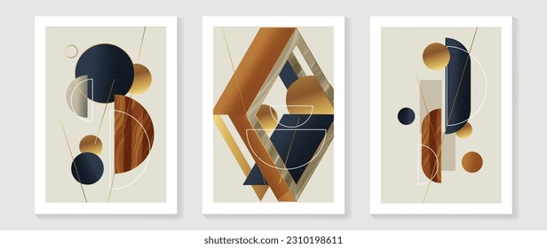 Abstract geometric wall art background vector. Set of modern wall decoration with shapes, circle, square, lines, gold, marble texture. Trendy wallpaper illustration for interior, print, cover.