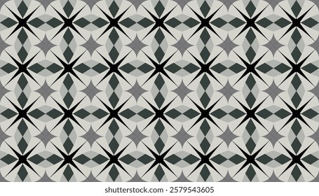 Abstract geometric wallpaper pattern with a combination of stars, rhombuses with a combination of black and gray