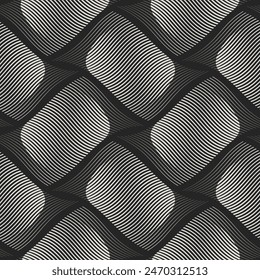 Abstract Geometric Wave Pattern. The design features undulating white lines on a black background, creating a dynamic, modern feel. Perfect for use in contemporary digital and print media.