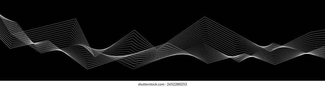 Onda geométrica abstrata de linhas afiadas brancas sobre fundo preto. Forma tecnológica futurista com contorno angular e ilusão de movimento. Perfeito para visuais digitais. Vetor EPS 10