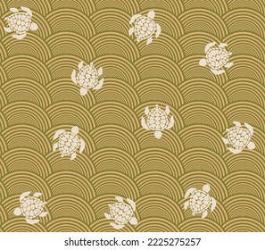 Abstract Geometric Waves Sea Turtle Silhouettes Seamless Vector Pattern Swimwear Concept Geometric Ocean Style Design Olive Green Ecru Tones