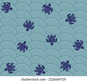 Abstract Geometric Waves Sea Turtle Silhouettes Seamless Vector Pattern Swimwear Concept Geometric Ocean Style Design Blue Tones