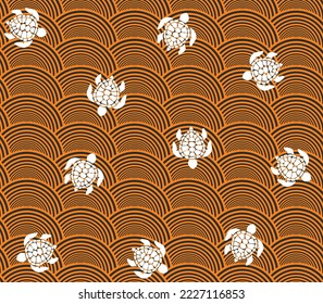 Abstract Geometric Waves Sea Turtle Silhouettes Seamless Vector Pattern Swimwear Concept Geometric Ocean Style Design Burnt Orange Tones
