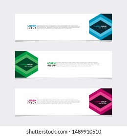 Abstract geometric web design banner template isolated on dark grey background with 3 colors pink, green and blue