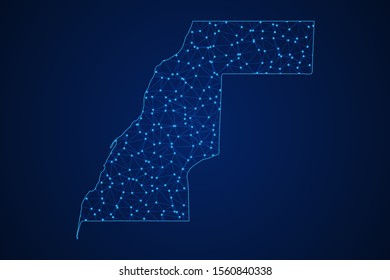 Abstract geometric of Western Sahara map polygonal line, structure and point scales on blue dark background with lights and dots. Vector illustration eps 10.