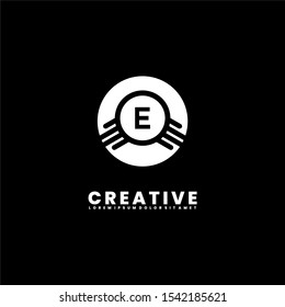 Abstract geometric white circle E logotype simple design concept isolated on black background. Vector illustration