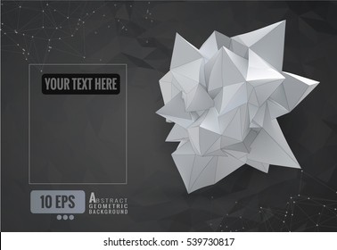 Abstract geometric white crumpled paper shape on dark polygonal graphic template background