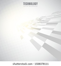 Abstract geometric white and gray rectangle pattern perspective background and halftone texture with lighting effect. Technology data style. Mosaic grid. Vector illustration