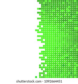 Abstract geometric white green background. 
Green circles or dots on white space. Random color. Shades of green. Digital style.
