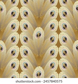 Abstract, geometric white peacock gold feather motif on warm brown background, vector, pastel color pattern