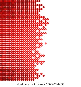 Abstract geometric white red background. 
Red circles or dots on white space. Random color. Shades of red. Digital style. 
