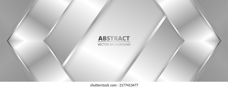 Abstract geometric wide metallic background with silver gradient lines, frame, arrows and shadows. Elegant luxury light silver color wide banner. Vector illustration