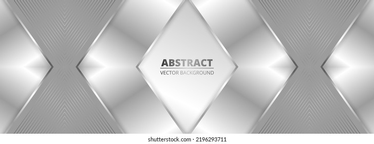 Abstract geometric wide metallic background with silver gradient lines, frame, arrows and shadows. Elegant luxury light silver color wide banner. Vector illustration