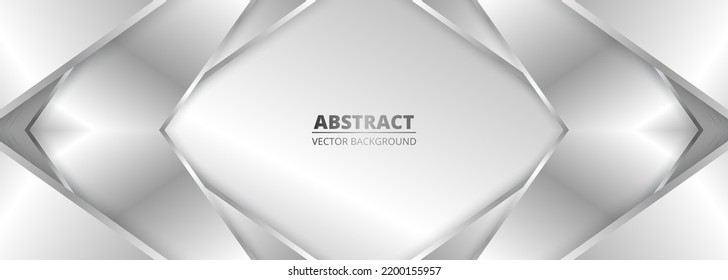 Abstract geometric wide metallic background with silver gradient lines, frame, arrows and shadows. Elegant luxury light silver color wide banner. Vector illustration
