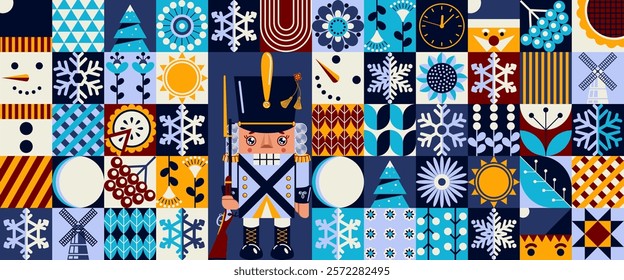 Abstract geometric winter background with nutcracker. A large collection of Christmas holidays. Happy New Year and Christmas! Mosaic style.