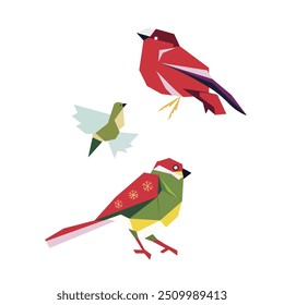 Abstractas aves invernales geométricas. Un conjunto de aves formadas por formas triangulares de colores. Estilo escandinavo.