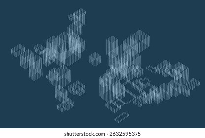 Arames geométricos abstratos em estilo linear. Plano de fundo de padrão de cubos de matriz para design de modelo de arquitetura. Ideia de design esquemático de caixa e espaço. Vetor.