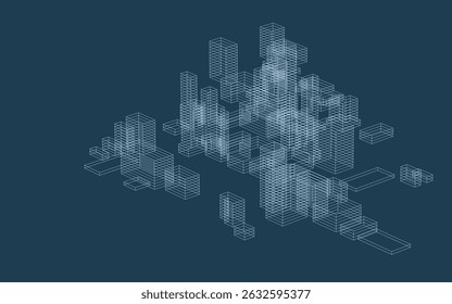 Arames geométricos abstratos em estilo linear. Plano de fundo de padrão de cubos de matriz para design de modelo de arquitetura. Ideia de design esquemático de caixa e espaço. Vetor.