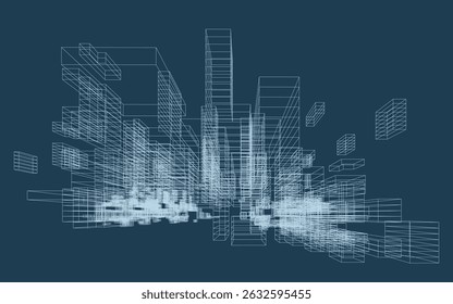 Arames geométricos abstratos em estilo linear. Plano de fundo de padrão de cubos de matriz para design de modelo de arquitetura. Ideia de design esquemático de caixa e espaço. Vetor.
