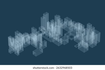 Arames geométricos abstratos em estilo linear. Plano de fundo de padrão de cubos de matriz para design de modelo de arquitetura. Ideia de design esquemático de caixa e espaço. Vetor.