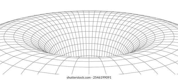 Túnel geométrico abstrato em modelo de arames. Funil 3D, buraco de minhoca ou vórtice. Fundo do vetor de tecnologia. Ilustração vetorial.