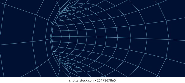 Abstractas túnel de estructura de alambre geométrico. Embudo 3D, agujero de gusano o vórtice. Fondo de Vector de Tecnología. Ilustración vectorial.